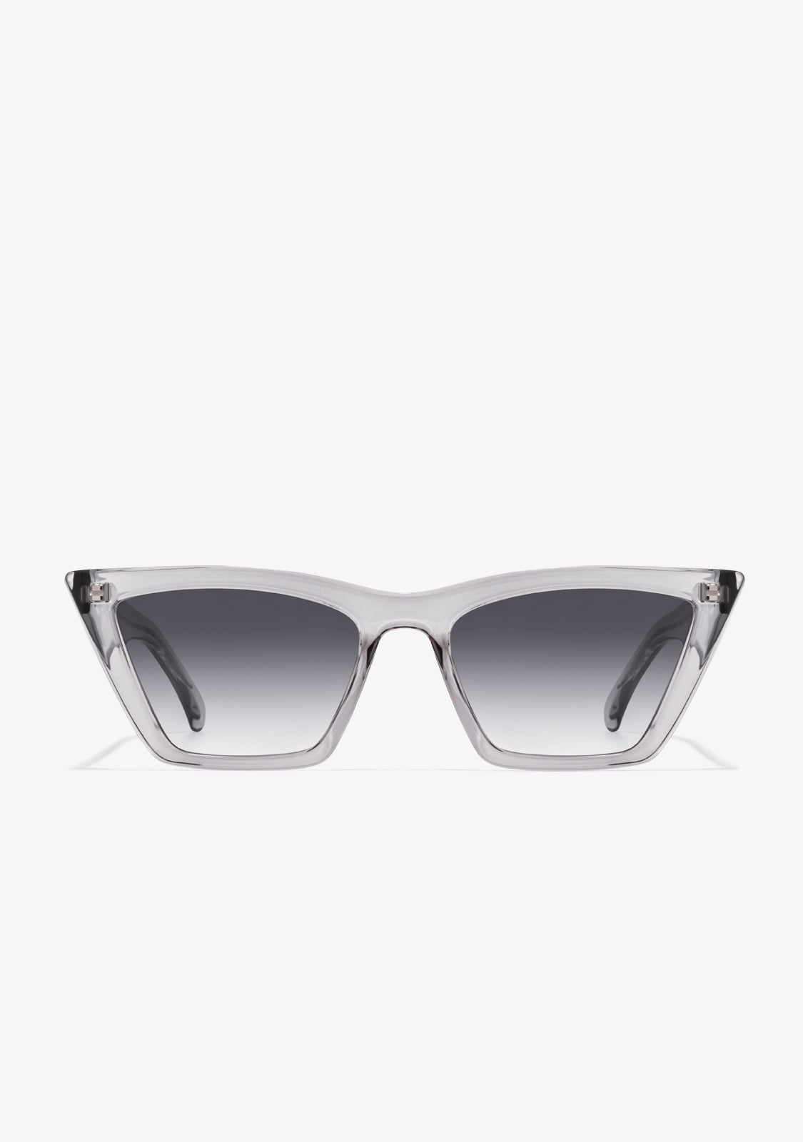 A pair of gradient grey cat-eye sunglasses with clear lenses and temples.