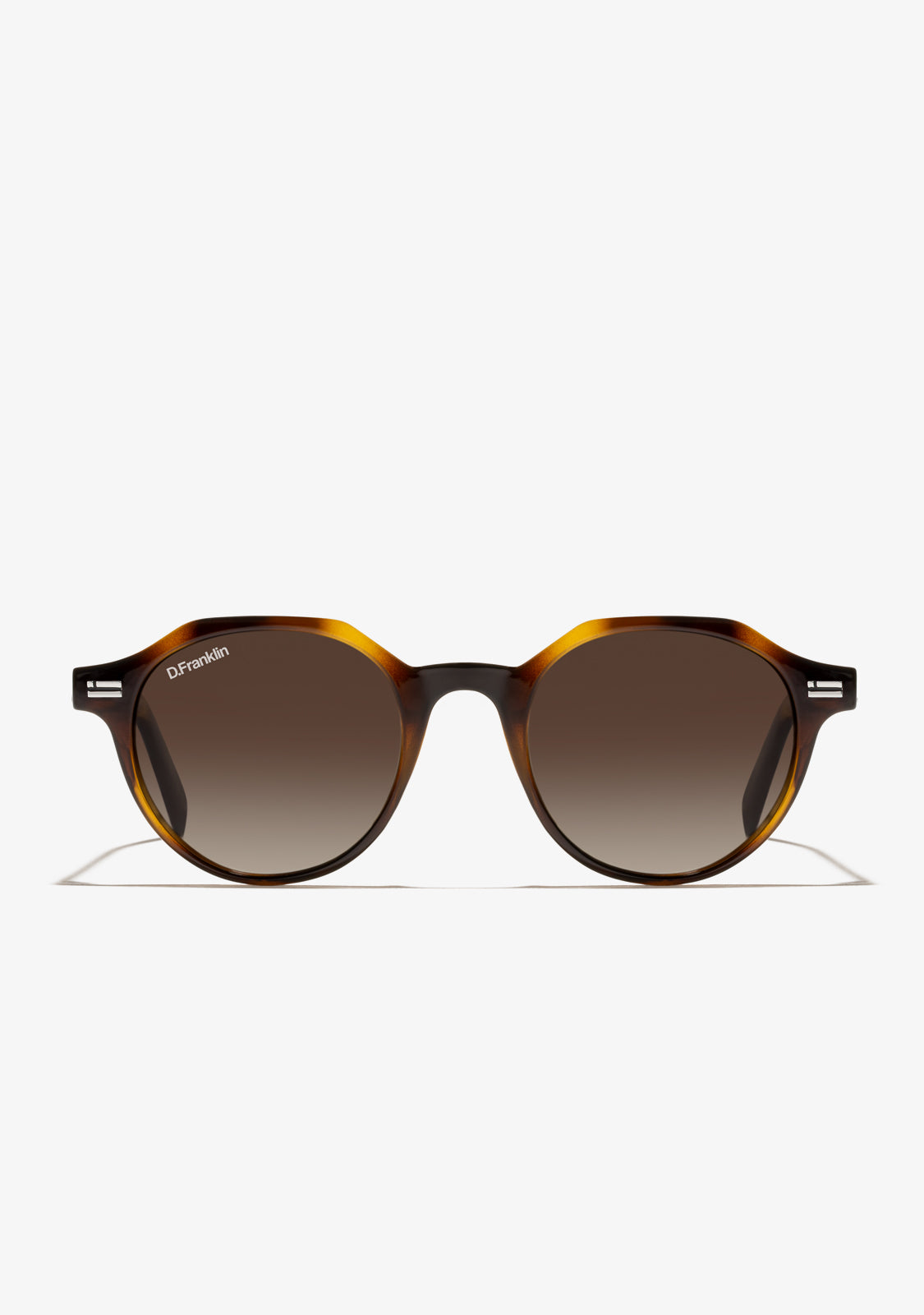 A pair of round full frame sunglasses with brown polarized lenses and a carey TR90 frame.