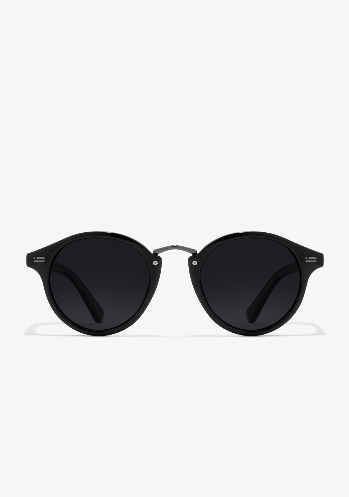 A pair of full black round-framed sunglasses with the brand name 'D.Franklin' engraved on the temples.